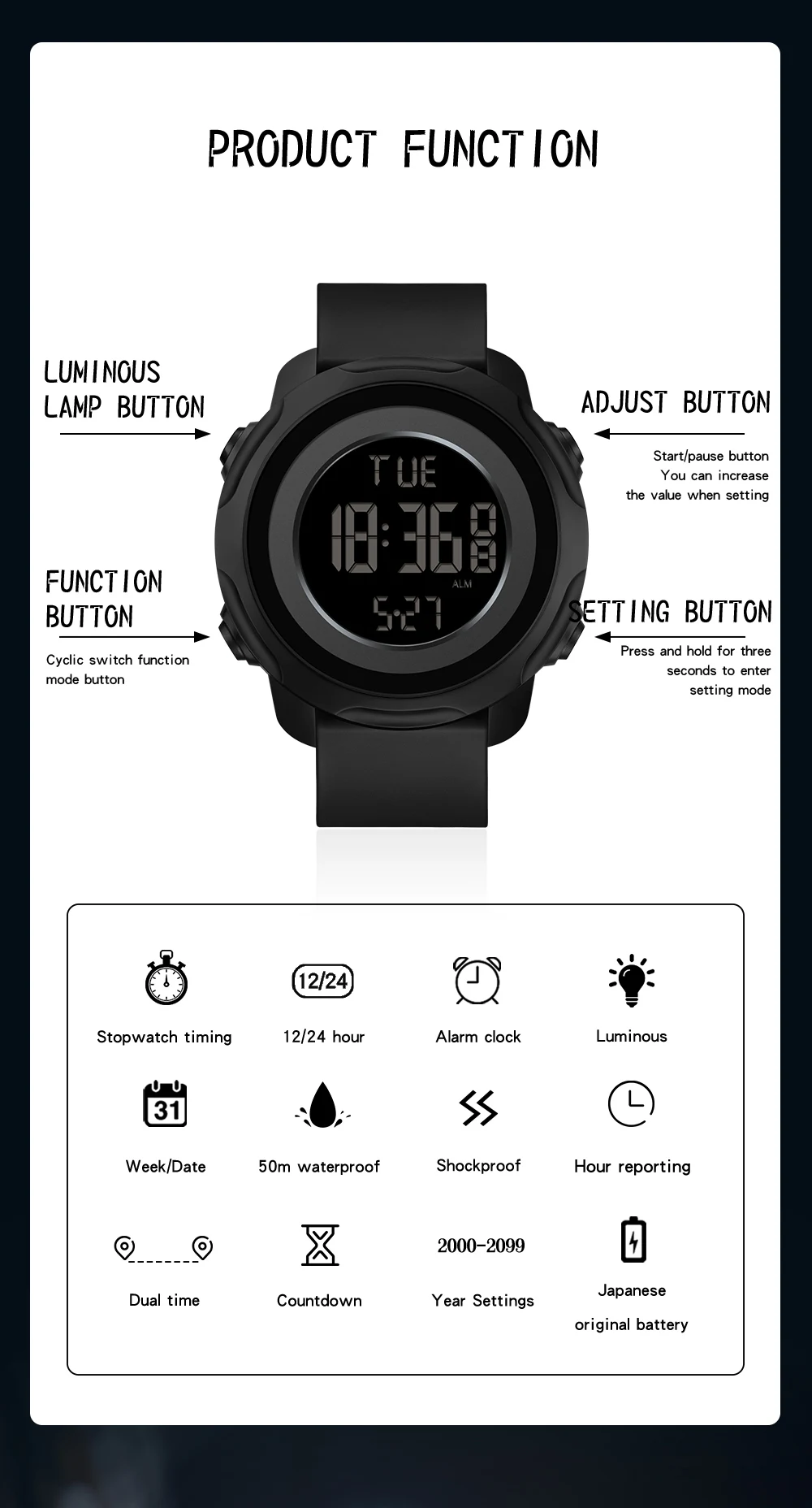 SANDA Brand New Waterproof Men Watch Fashion Multifunctional Luminous Digital Wristwatch Outdoors Sports Student Watches 6122