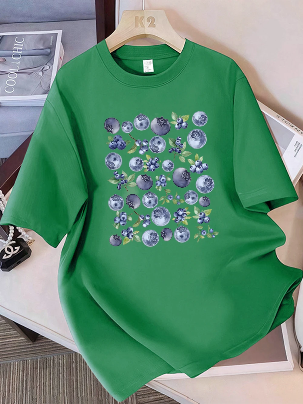 Sommer-T-Shirts aus 100 % Baumwolle für Damen, frische Blaubeerfrüchte, bedruckt, Oberteile, weiches, lockeres T-Shirt mit O-Ausschnitt, Urlaub, lässige Damenkleidung – Detail 17