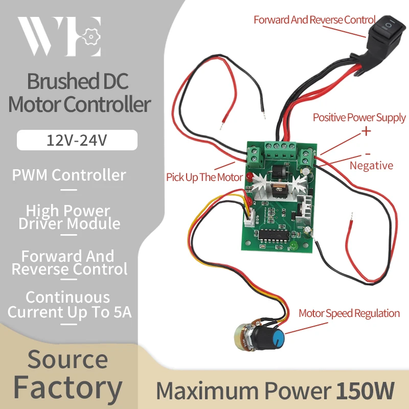Brushed DC Motor Controller 12V24V Forward And Reverse Switching Speed Adjustable Maximum Output Power 150W Current Regulator