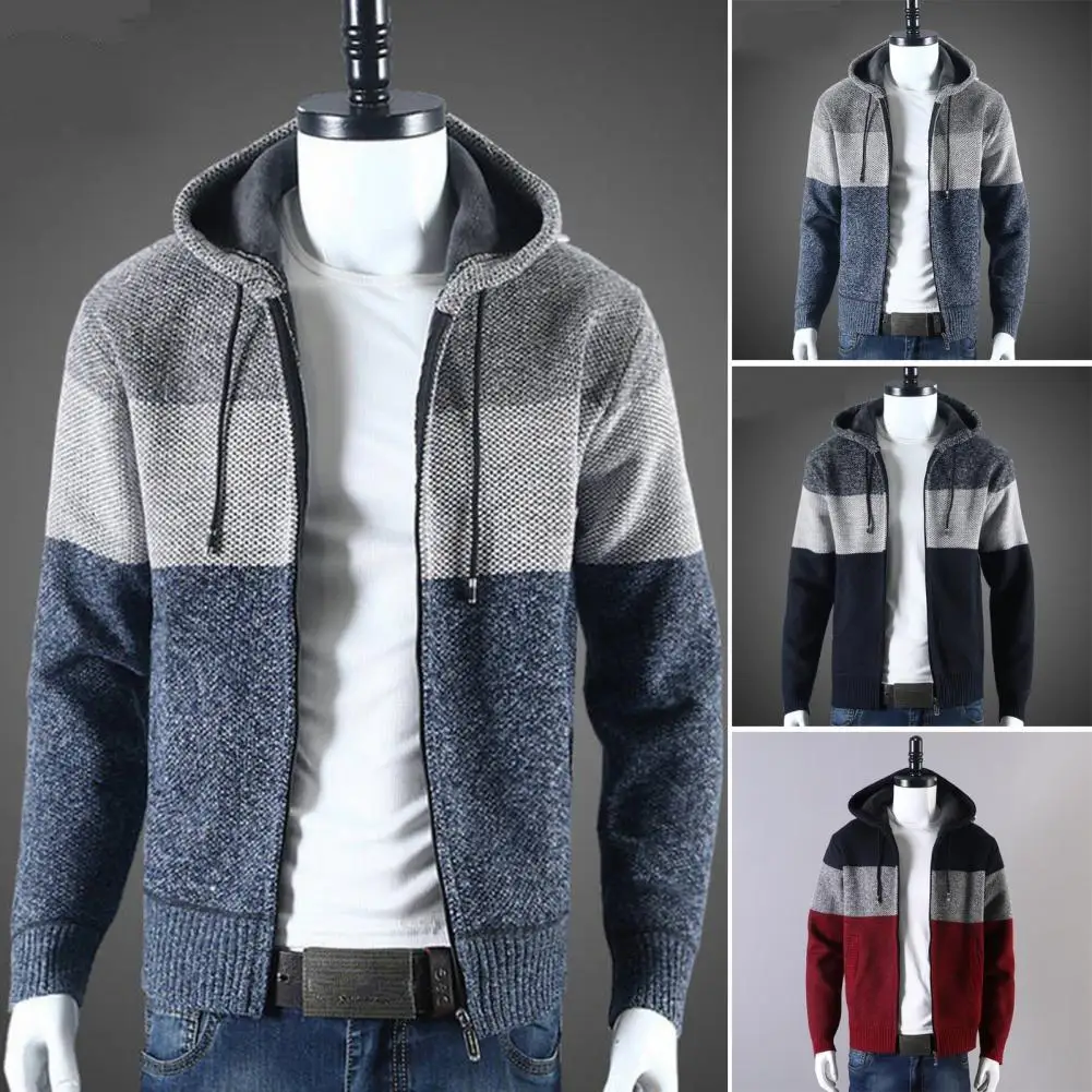

Knitted Men Jacket Colorblock Knitted Hooded Men's Sweater Jacket Warm Stylish Cozy Cardigan Coat for Winter Fall Men Sweater