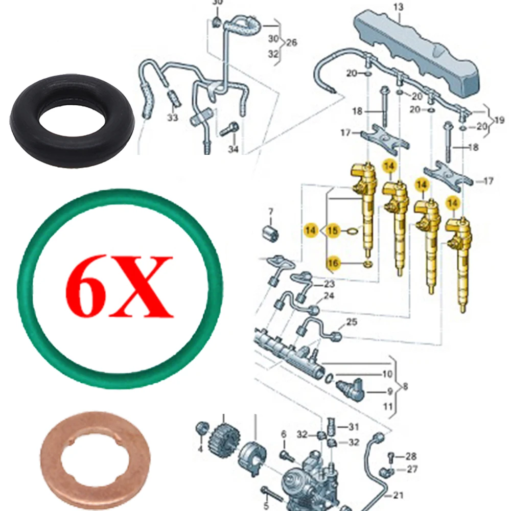 6 Pz Per Audi A4 A4 Allroadugello Iniettore Carburante Guarnizione In Rame Kit Guarnizioni O-Ring 059130119 059130519 Wht000884 03 L130277 059130277