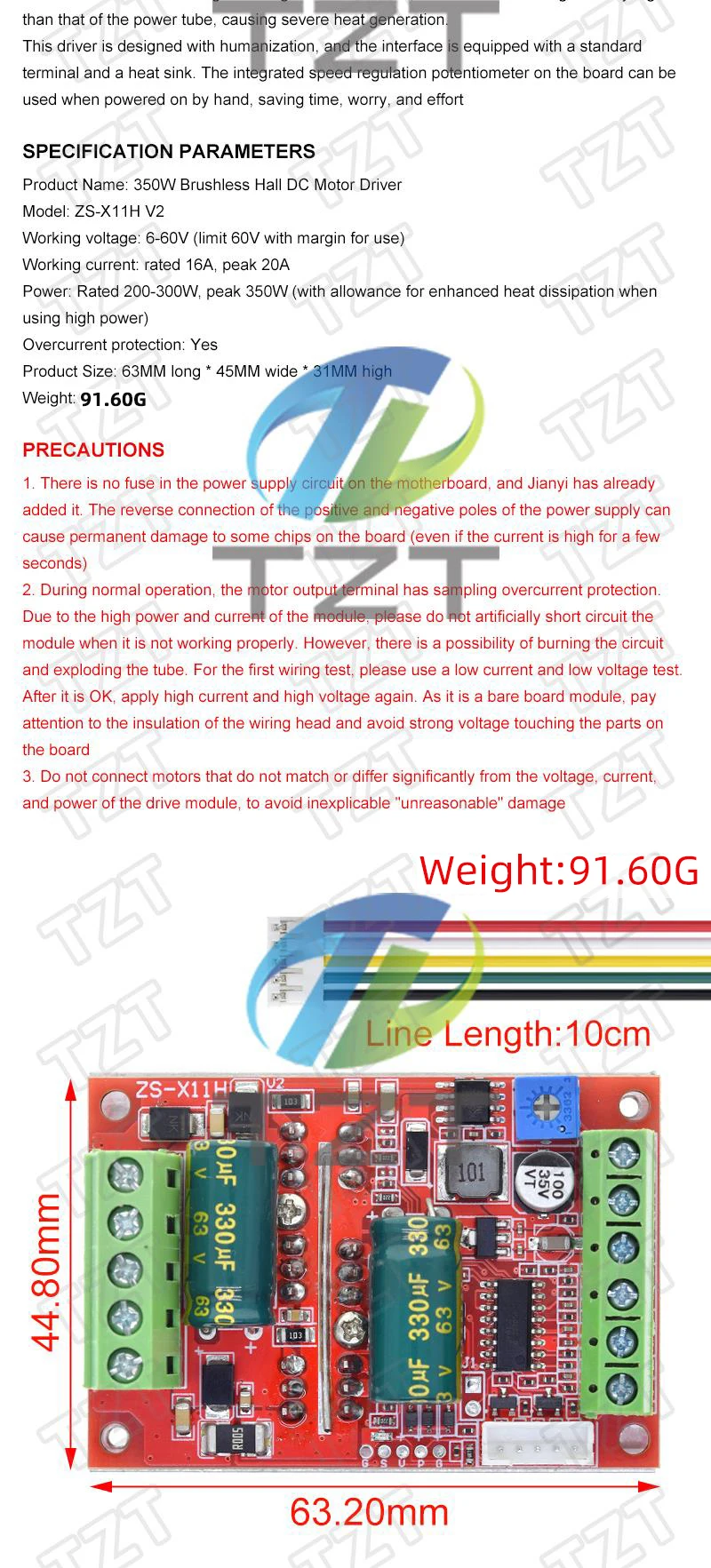 DC 6-60V 400W BLDC Dreiphasiger DC Bürstenloser Motorcontroller PWM Hall Motor Control Driver Board TZT 12V 24V 48V – Detail 4