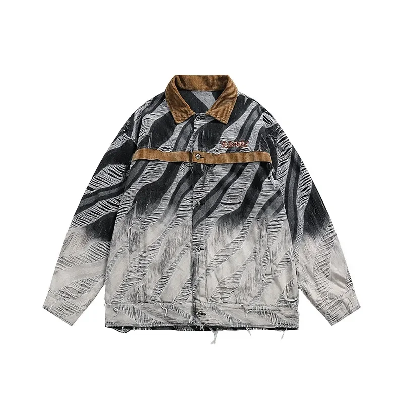 2024 Spring and Autumn New Zebra Pattern Coat Women's Trendy Brand Broken Hole Retro Spliced Corduroy Flip Neck Jacket Commuter