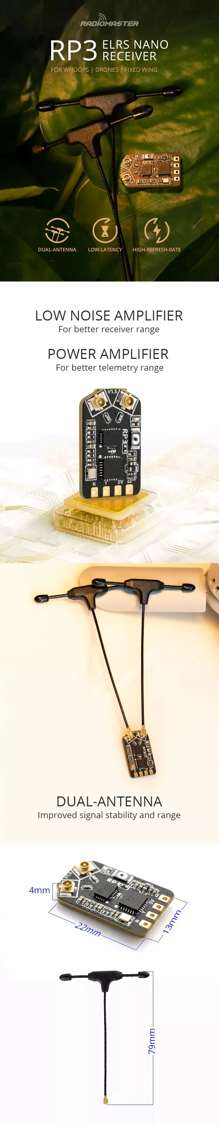 Description Picture 2 of itemRadioMaster RP3 V2 Diversity ExpressLRS ELRS V3.0 2.4GHZ Nano Receiver Dual Antenna For RC Plane FPV Drone Tinywhoop Long Range