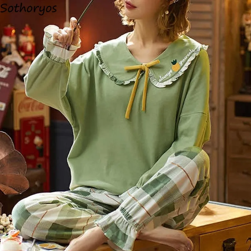 

Pajama Sets Women Ruffles Bow Autumn Spring Nightwears Womens Loose Leisure Breathable Thin Outwear Spliced Homewear Sweet Chic