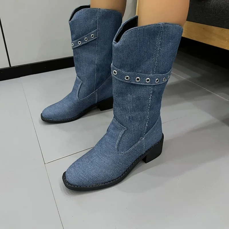 

Зима 2023, женские ботинки до середины икры, обувь без шнуровки для женщин, женская обувь на квадратном каблуке, классические женские ботинки на среднем каблуке