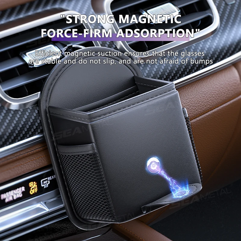 Black PU Leather Car Air Vent Storage Bag with Magnetic Glasses Holder