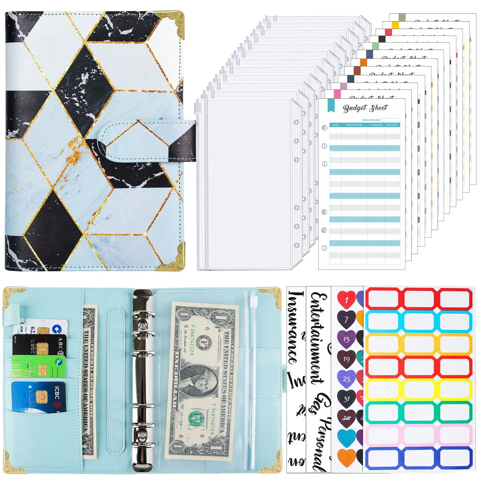 NEW A6 Colorful Money Budget Planner Binder with Zipper Envelopes Cash Envelopes, for Budgeting Money Organizer for Notebook