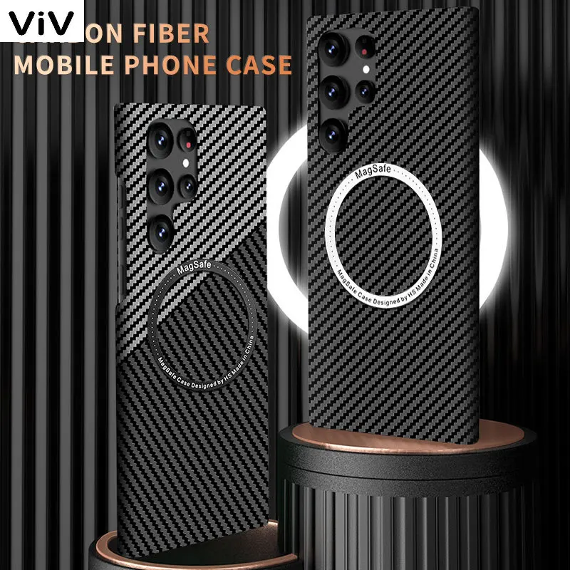

Магнитный чехол Magsafe для Samsung Galaxy S22 Ultra S21Plus, Жесткий Чехол из углеродного волокна с рисунком, с функцией беспроводной зарядки, S21