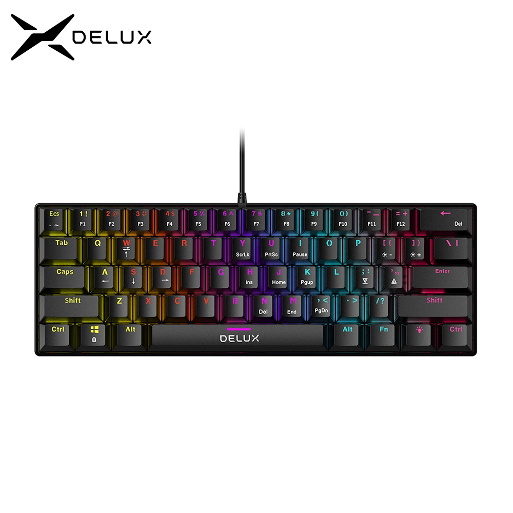 Delux KM36 Gaming Mechanical Wired 61 Keys Kercaps Keyboard Rainbow Backlit Mini Size Full Function For Notebook Desktop