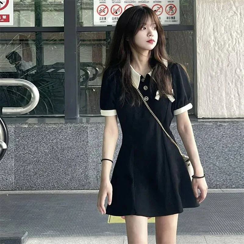 

Женское платье-рубашка-поло, повседневное черное платье-поло во французском стиле, с небольшим запахом, в стиле Хепберн, лето 2023