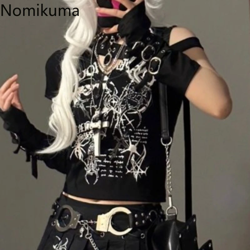 00's y2k cycle works ボーリング　シャツ　刺繍　エロ　黒 Harajuku Y2k Tshirts for Women Fashion Japanese Camisetas