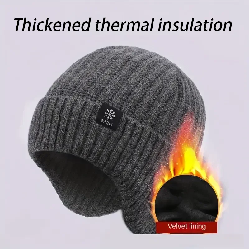 Men's Autumn/Winter Hat+Scarf Winter Warm Ear Protection Set Thick Knitted Wool Breathable Solid Color Hat