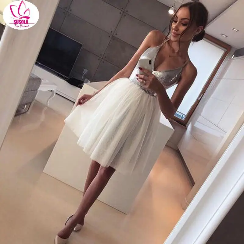 

SUSOLA Sexy Women Lace Dress Halter Deep V Neck Sequins Elegant Ladies Evening Party Short Mini Tutu Tulle Dresses