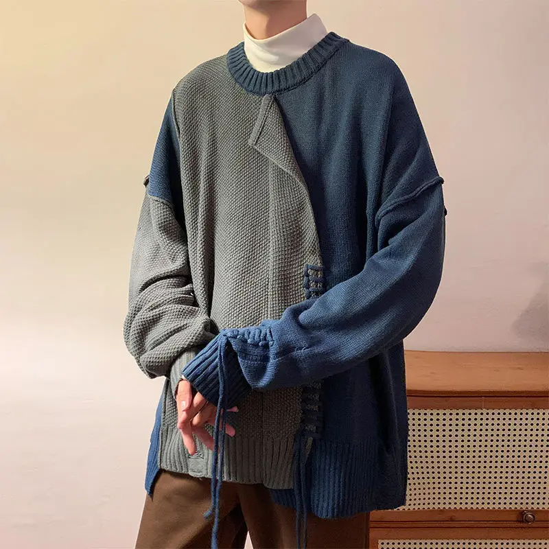 Patchwork Men's Sweater With Pattern Vintage Harajuku Paired Japanese stylesystemClothes Knitted Pullovers New Year Pullover