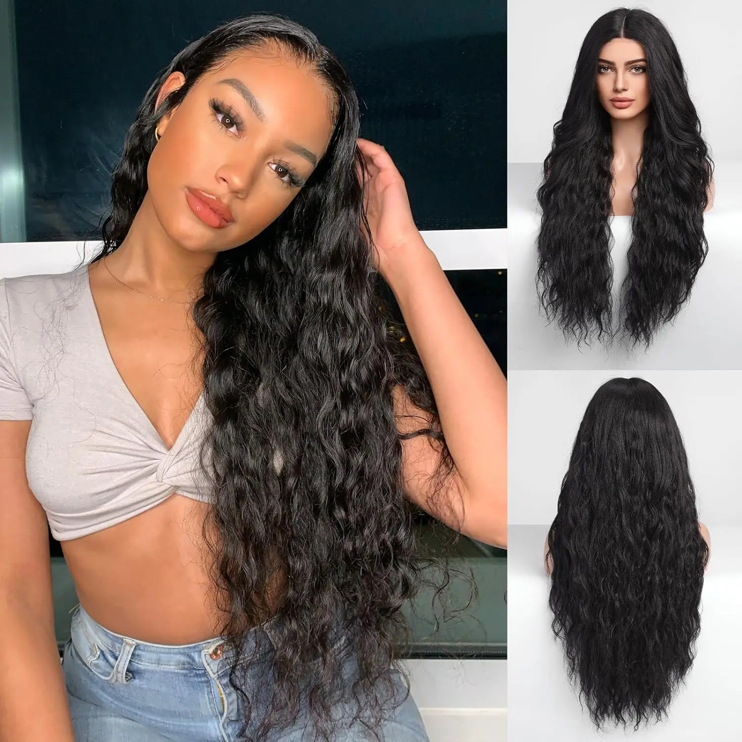 

Длинный кудрявый черный кудрявый синтетический парик для женщин, парики средней длины, синтетический парик для ежедневного использования