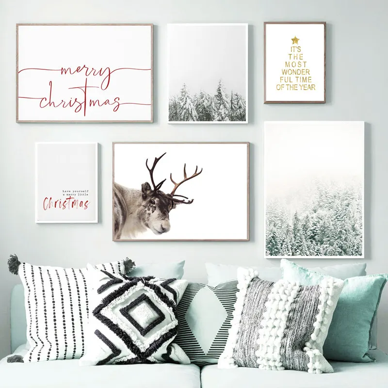 

Christmas Deer Nature Snow Tree Paintings On The Wall Scandinavian Nordic Print Art Canvas Poster Living Room Decor Home Wall