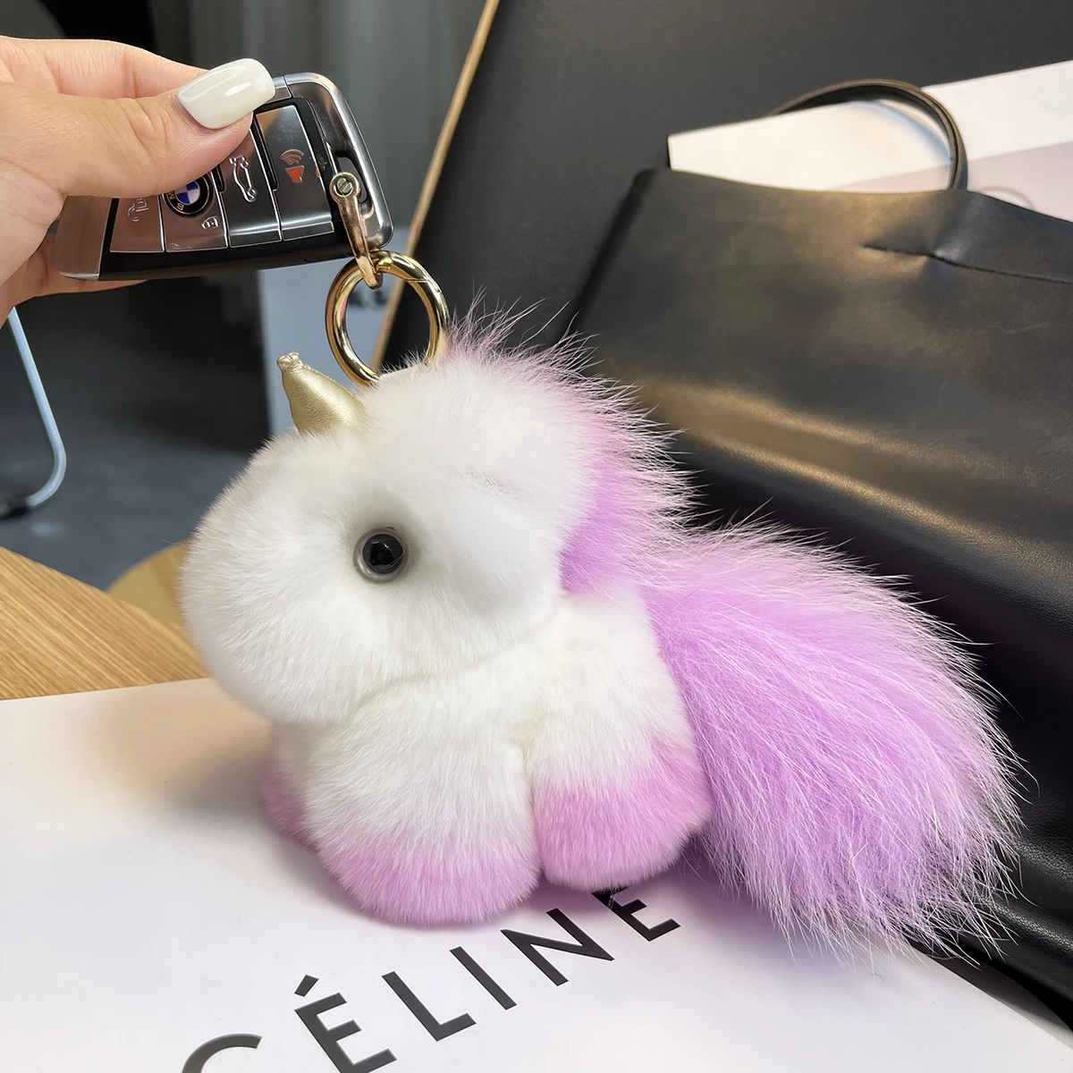 

Real Rex Rabbit Fur Unicorn Keychain - Trendy Soft Key Chain - Fuzzy Furry Animal Charm - Cute Plush Keychain for Purse and Keys