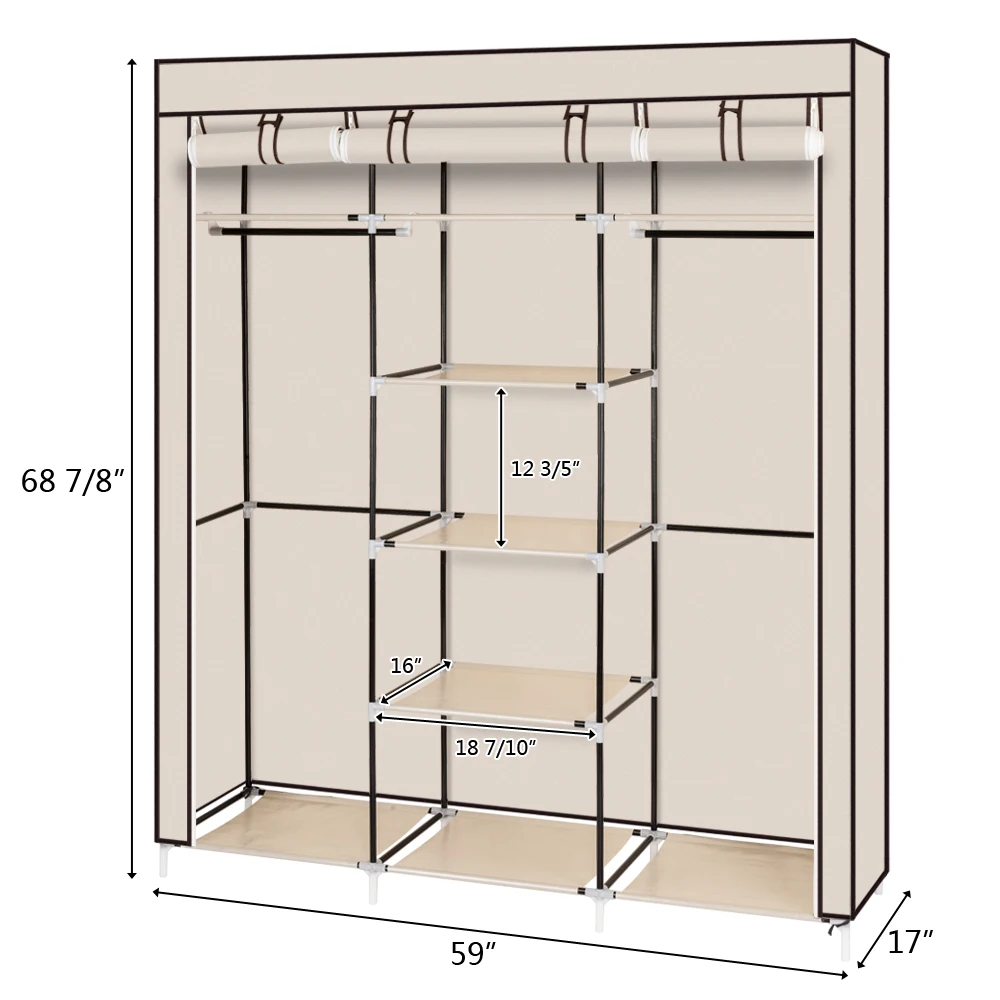 69" Portable Clothes Closet Non-Woven Fabric Wardrobe Double Rod Storage Organizer Beige 4