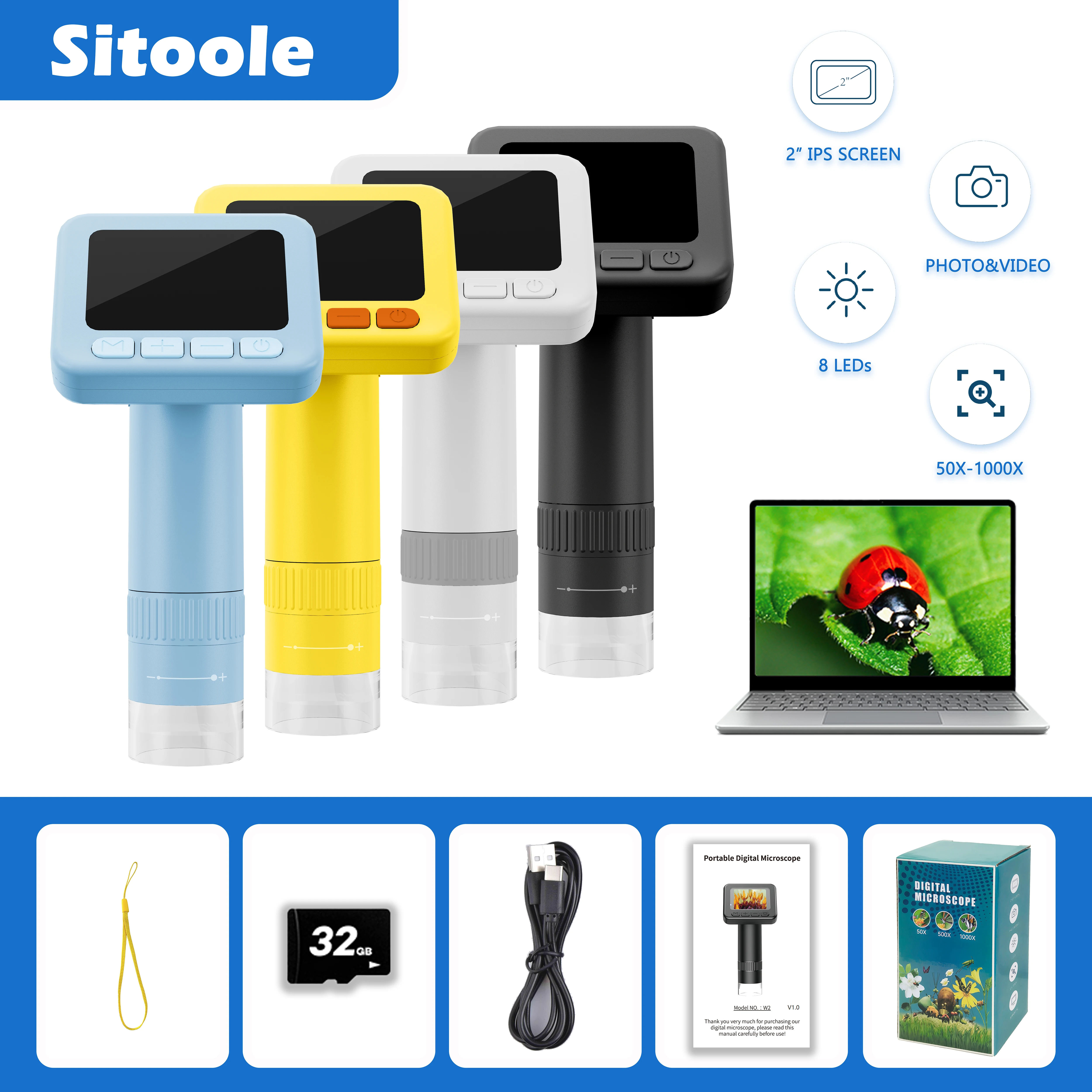 Microscope Numérique Portatif 800X HD Pour Adultes, Microscope De Poche à écran LCD De 2 Pouces Pour Enfants, équipement De Microscopes Numériques De Laboratoire USB