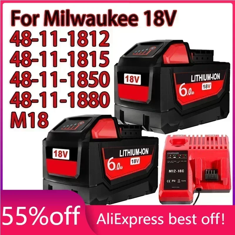 

18V For Milwaukee M18 Battery M18B6 XC 6.0Ah Li-Ion 48-11-1860 48-11-1852 48-11-1850 48-11-1840 Cordless Power Tool 18V Charger