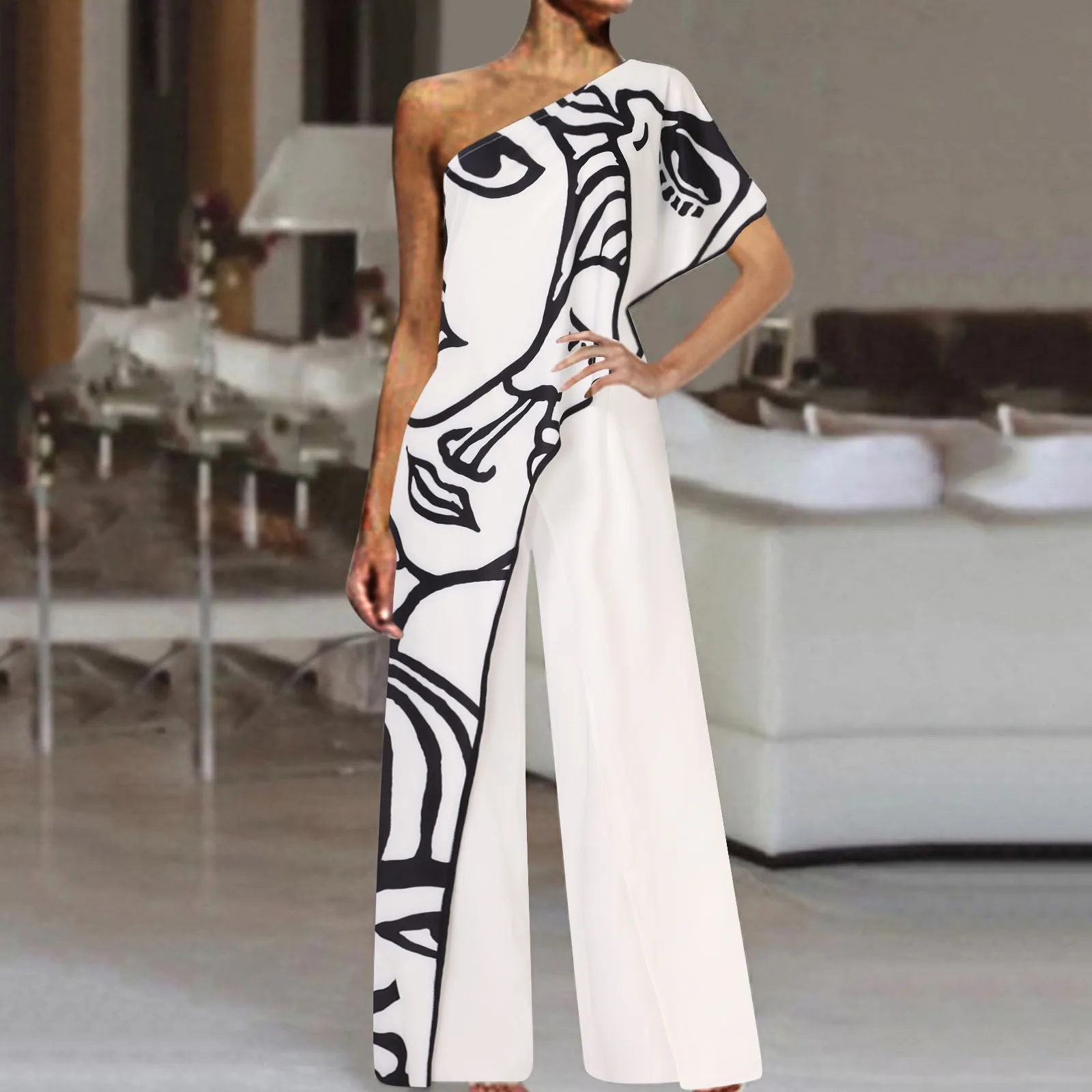 

Women Rompers One Shoulder High Waist Loose Type Deep Crotch Oblique Neck Off Shoulder Summer Women Jumpsuit Banquet Clothes