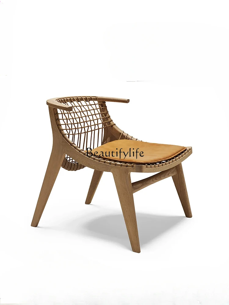 

Nordic Solid Wood Home Dining Chair Leisure Chair Vintage Rattan Ox Horn Chair Silent Style Designer Model