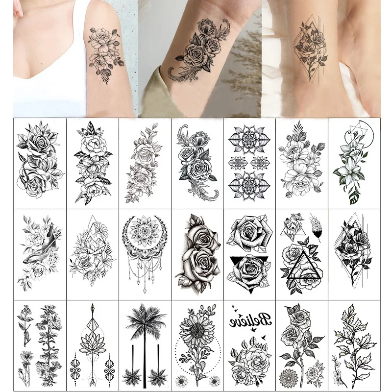 

Tattoo Sticker 30Pcs/Set Waterproof Disposable Fresh Tattoo Stickers Black White Flower Letters Small Picture Temporary Stickers