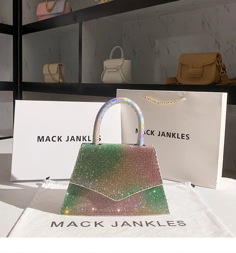 

Rainbow Color Gradient Shiny Rhinestone Diamond Square Bag Women's Handbag Evening Clutch Bag Bling Purse Shoulder Messenger Bag