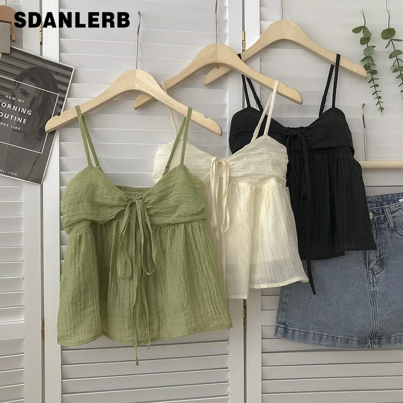 

2022 Summer New Korean Style Sweet Crop Tops All-Match Bow Tie Sleeveless Short Mesh Outer Wear Spaghetti-Strap Camisole Top