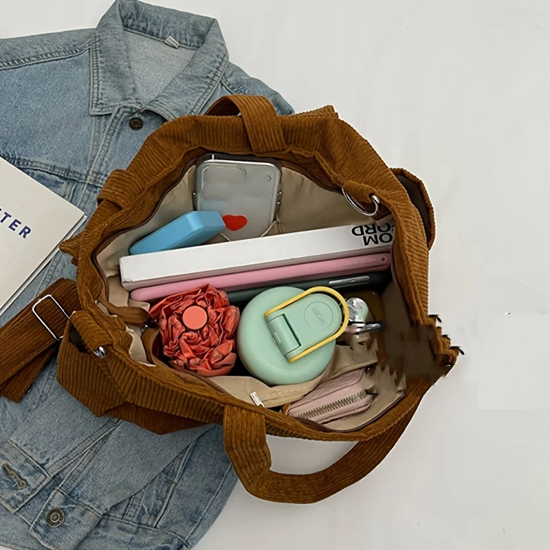 Large Capacity Corduroy Tote Bag for Women Versatile Shoulder Bag with Multiple Pockets Commuter Bag