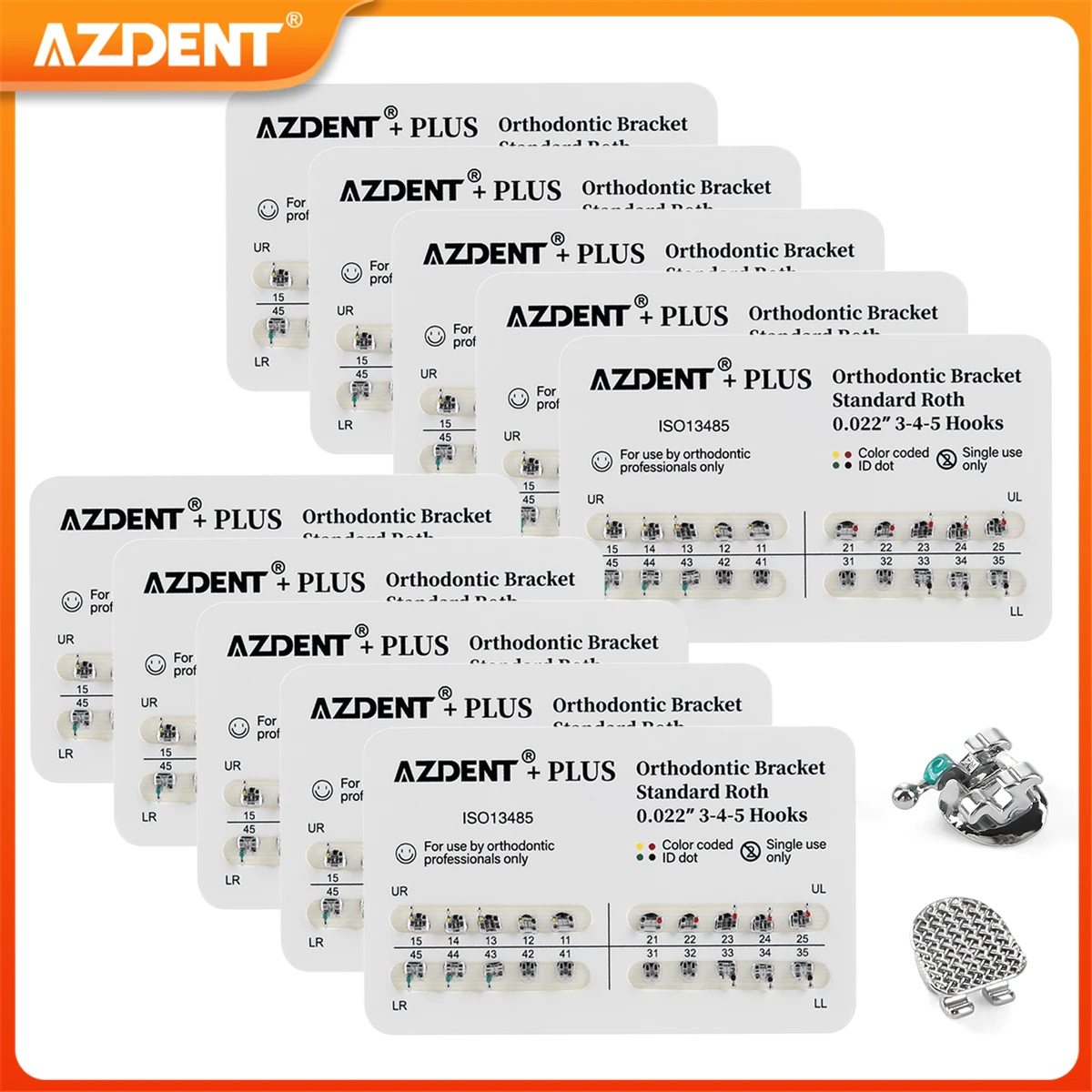 

10Packs AZDENT Dental Brackets Orthodontic Braces Plus Metal Mini Standard Mesh Base Roth/MBT 0.022/0.018 Hooks 3-4-5 20pcs/Pack