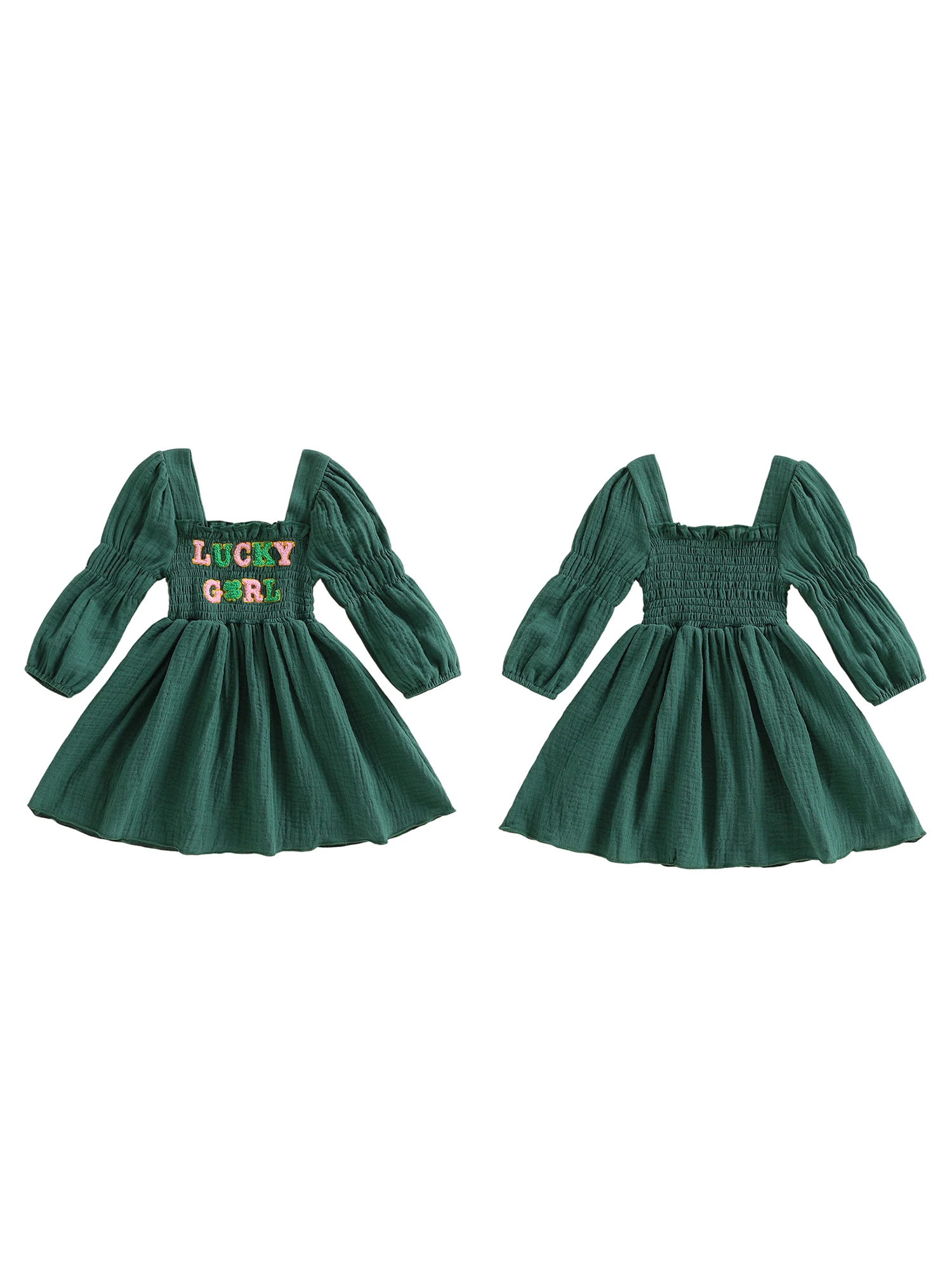 Infant Girl s Spring Dress with A-Line Design and Embroidered Four Leaf Clover Detail Smocked Long Sleeve Dress for Toddlers