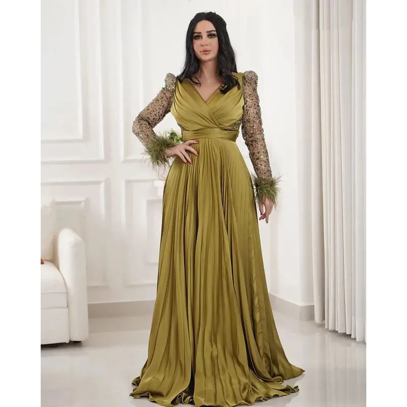 

Elegant A-Line Mother Of Bride Dresses V-neck Satin Feather Evening dresses Floor-Length Long Sleeve Wedding Party Dress