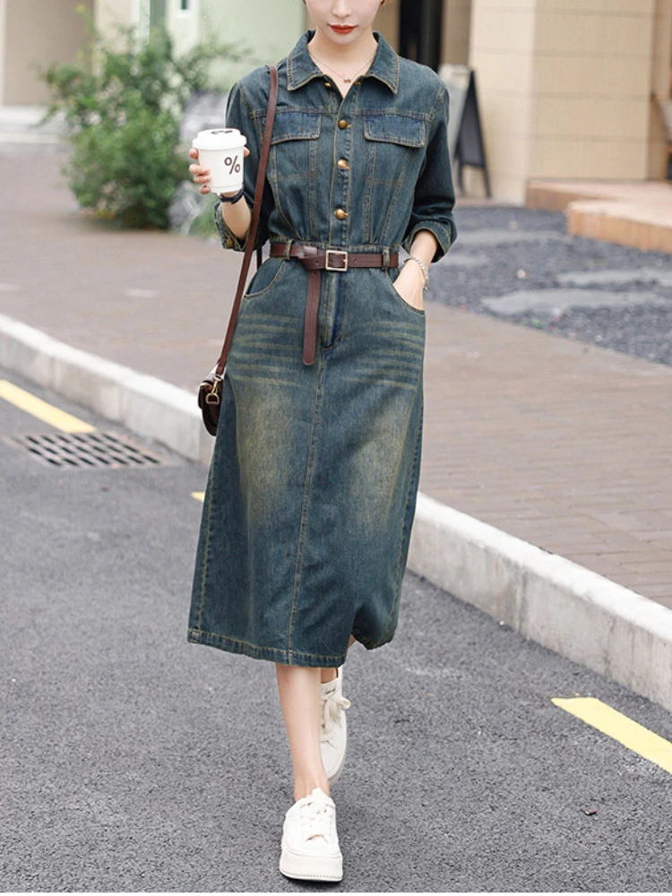 Dress-for-Women-2023-Autumn-Korean-Fashion-Vintage-Denim-Dress-A-line ...