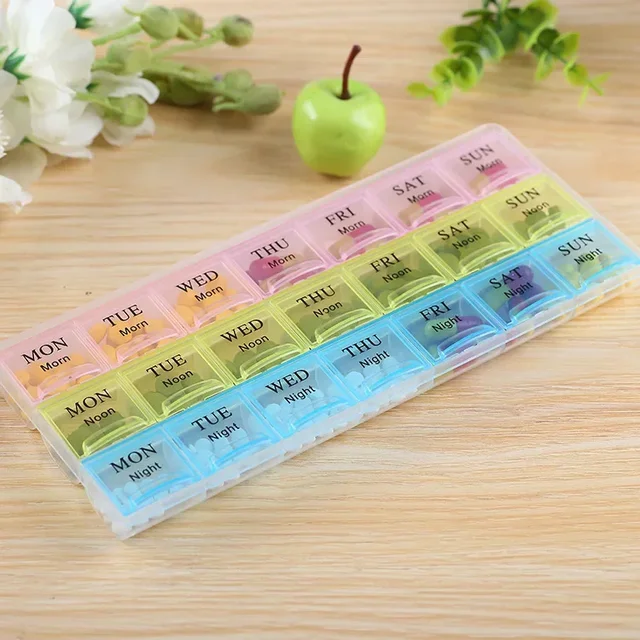 1 pièces 4 rangées 28 carrés/3 rangées 21 grilles/2 rangées 14 grilles hebdomadaires 7 jours tablette pilule support de la boîte médicaments stockage organisateur conteneur étui 6