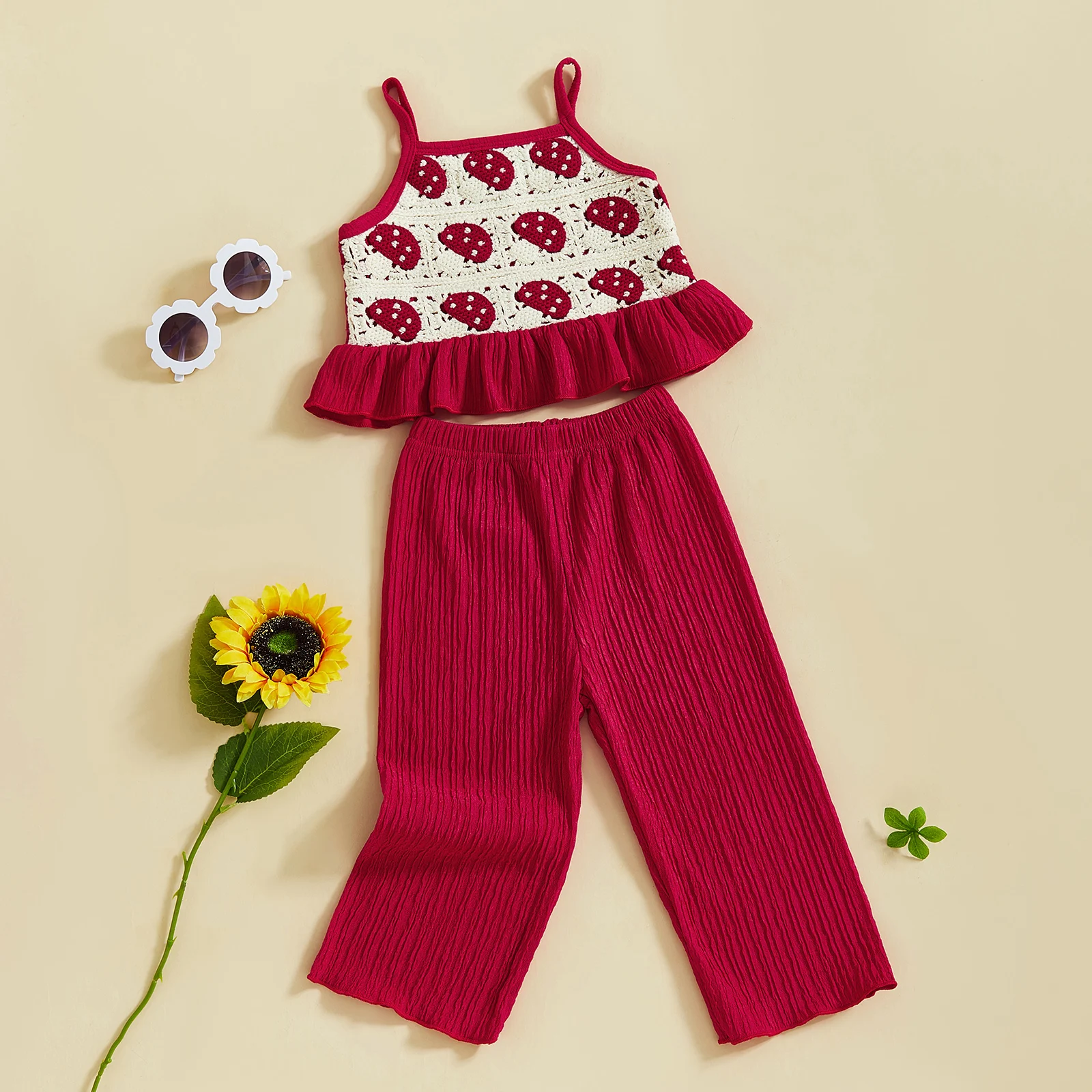 FOCUSNORM 0-4Y Little Kids Girls Clothes Sets Crocheted Flowers/Fruit Embroidery Ruffled Camisole and Elastic Pants