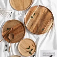 Retro Solid Wood Dinner Plates Round 13-38cm Serving Platter Tray Wooden Tea Tray Plate For Food Snack Dishs 2