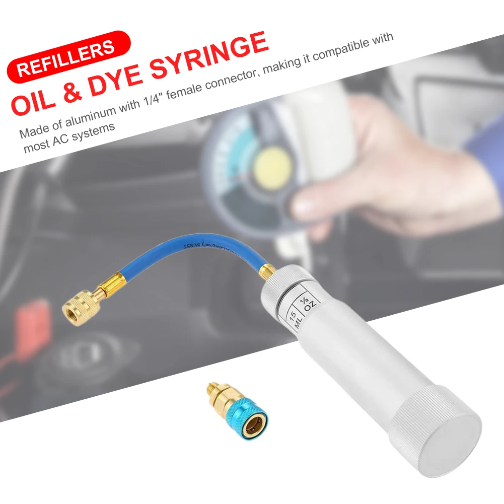 3-1PCS Air Conditioning Car Oil Injection R134A 2Oz 1/4'' A/C Oil & Dye Syringe Grease Guns Pure Liquid Coolant Filler Tube