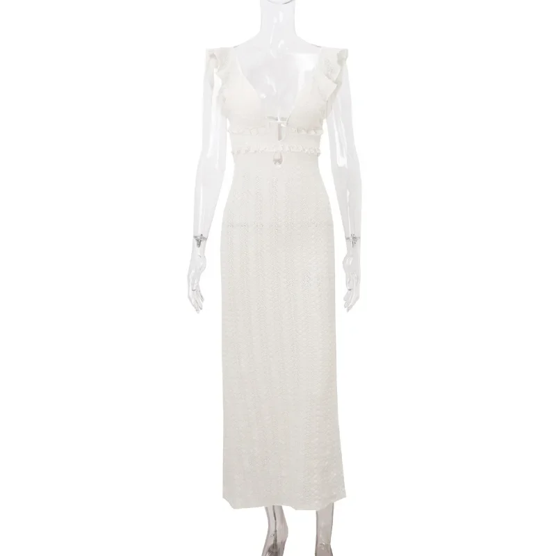 Knit V-Neck Fashion Maxi Dress Women's Slim High Waist See-Through Patchwork Bandage Backless Dress Female Knitwear Dress