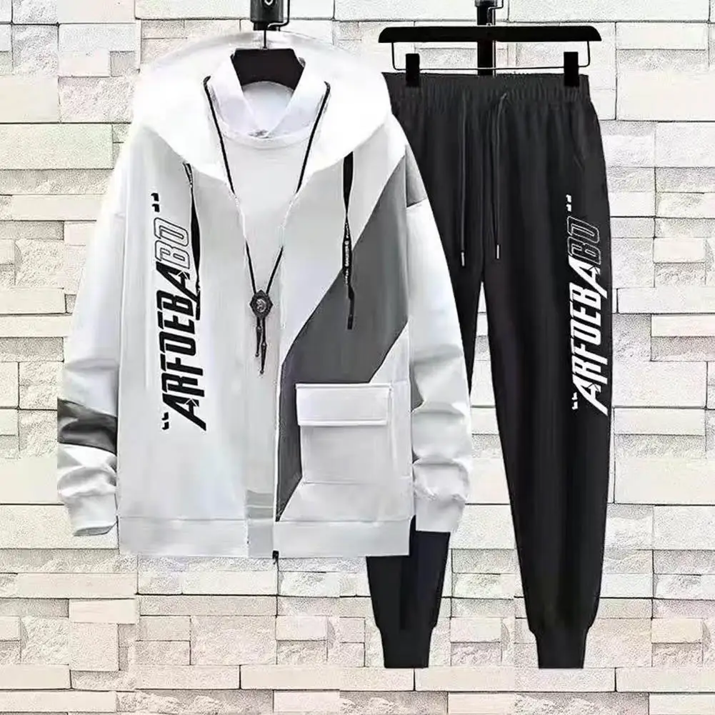 

Casual Outfit Fashion Men Spring Letter Splicing Color Loose Hoodie Coat Sweatpants Set Ankle Length Hoodie Coat Pants