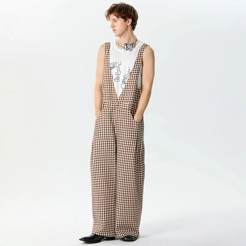 Description Picture 3 of item2024 Men Jumpsuits Plaid Oversize Deep V Neck Sleeveless Streetwear Rompers Pockets Loose Casual Wide Leg Pants Overalls INCERUN