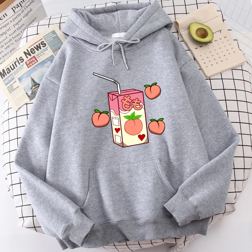 

Kawaii Peach Juice Summer Drink Print Clothes Female Fashion Pocket Hoodies Cartoons Warm Streetwear All-Match Casual Woman Tops