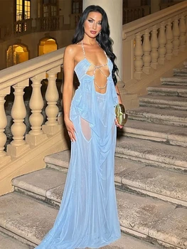 Nibber Prom Party Gown Dress Woman Sexy See Through Luxury Chain Halter Low-Neck Backless Sleeveless Midnight Elegant Vestidos 1