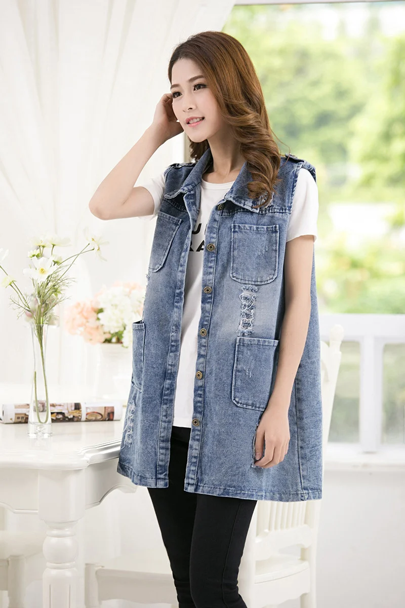 Spring Fall 2022 New Fashion Mid-Length Denim Jacket Vests Women Sleeveless Hole Jeans Waistcoat Casual Vest Outerwear Plus Size long down puffer coat