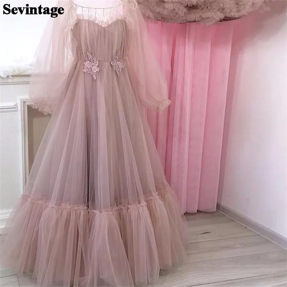 

Sevintage Dusty Pink Tulle Puff Long Sleeves Prom Dresses Appliques Lace Sweetheart A Line Evening Gowns Formal Party Dress 2023