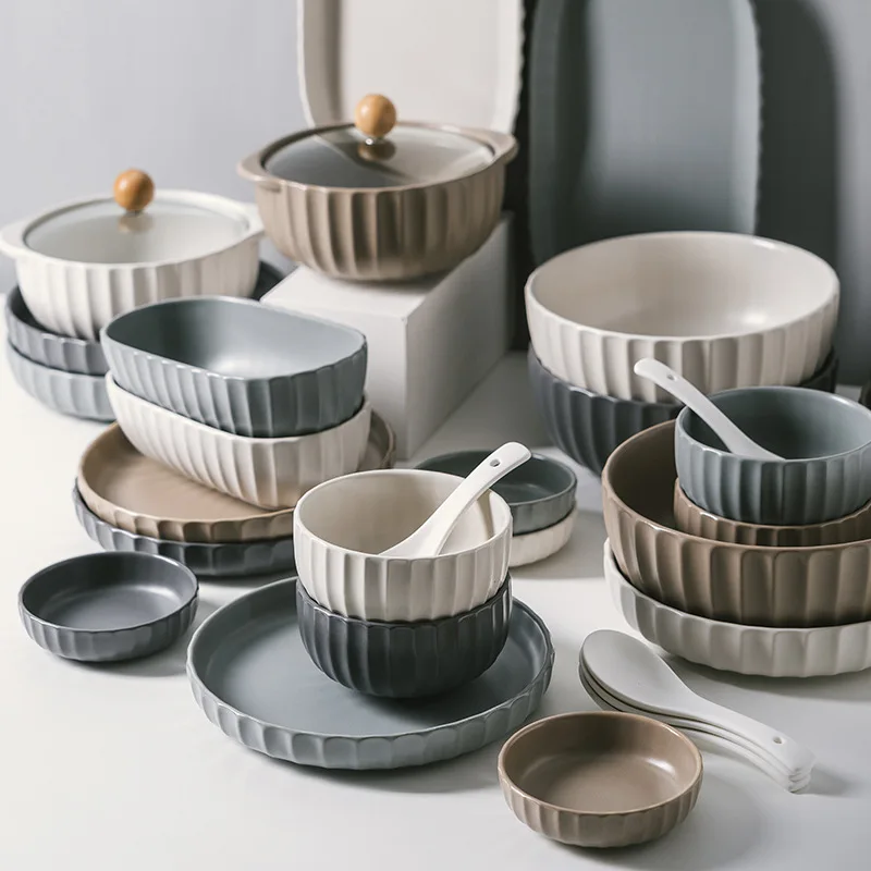 

Nordic Style Relief Stripes Ceramics Dishes Plates Double Ear Bowl with Cover Sauce Dish Household Solid Color Kitchen Utensils