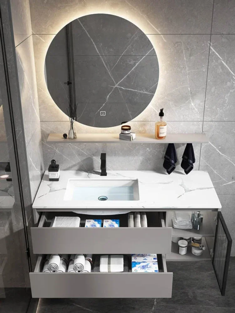 ~Light Luxury Bathroom Cabinet Bathroom Table Wash Basin Cabinet Combination Simple Modern Smart round Mirror