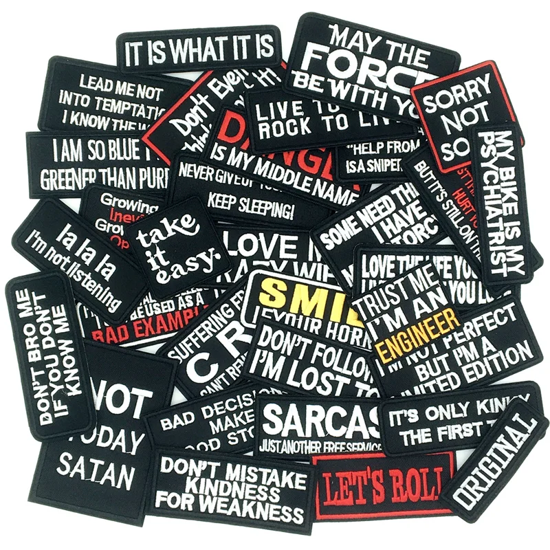 Collection of various black and white text patches on a white background