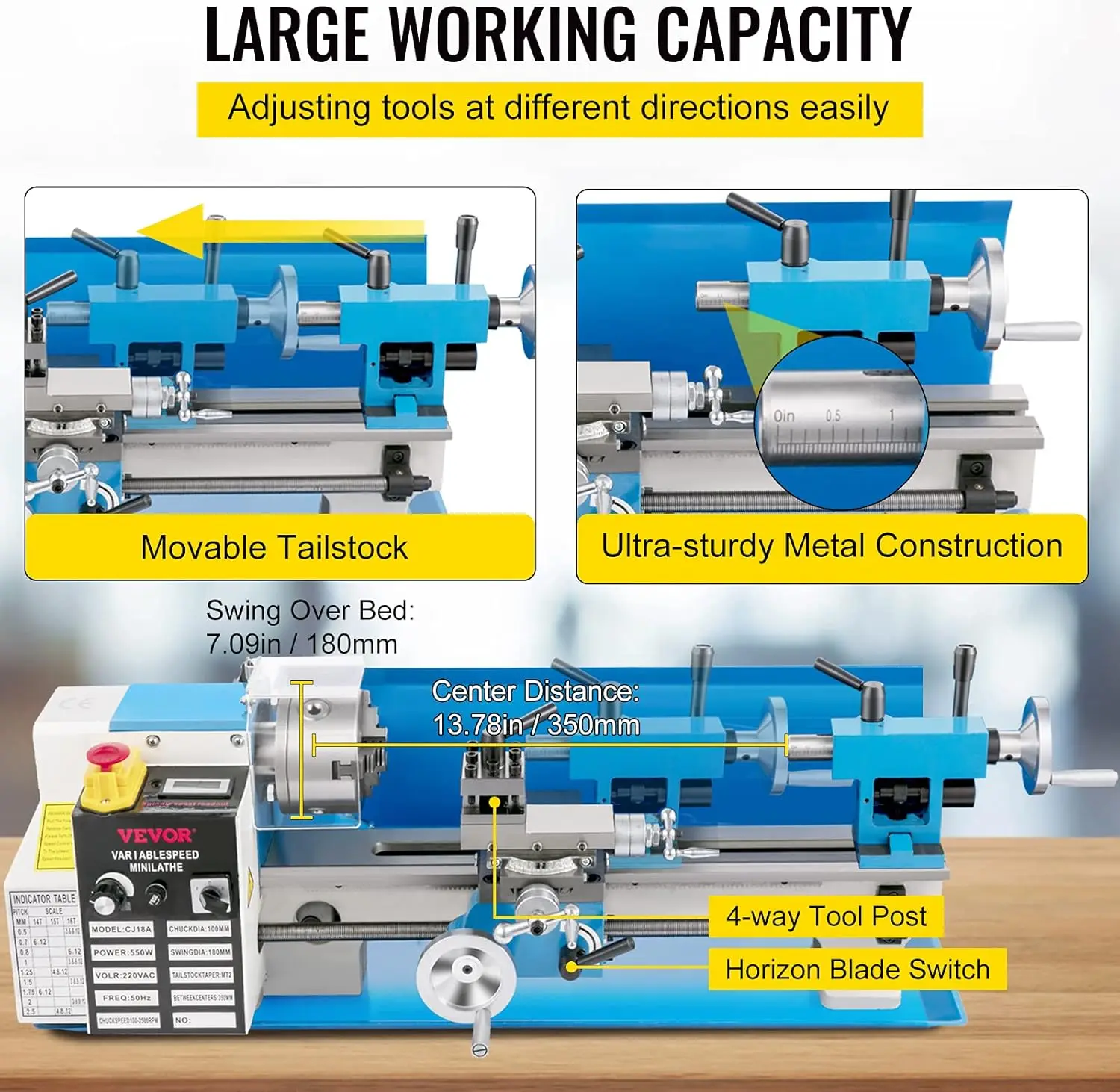 Mini Metal Lathe 7"x14" Benchtop Metal Lathe 550W Variable Speed 2250RPM with 3-jaw Chuck CNC Mini Machine